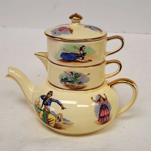 Vintage 1940's Royal Winton " National Dances " mini teapot stacking set